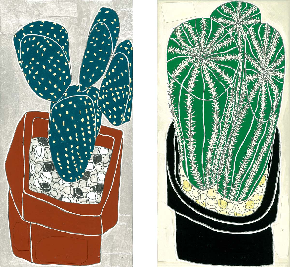 Opuntia cactus in square pot(left)  3 cactuses in black pot(right)  　 W400mm×H200mm×D40mm  Paper on panel, Pencil, Ballpoint pen, Acrylic paint