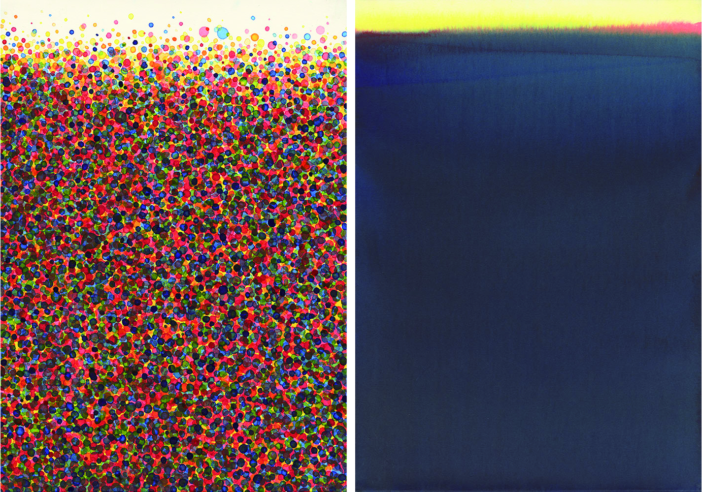 《Blue Red and Yellow (f)》 / 《Blue Red and Yellow (c)》，h420 × w 295 mm（每件），墨水，纸张，木质画板，2023