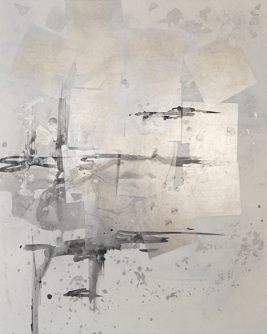 聆听风中的宁静［西湖］no.1，纸本：锡箔、墨、靛蓝，727 × 606 mm，2025 